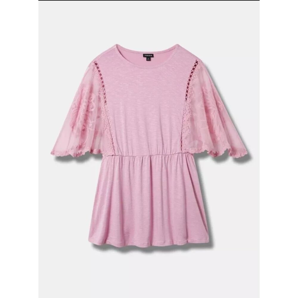 Torrid Babydoll Lace Crochet Scallop Sleeves Top Blouse Tunic Womens 2 2X Pink